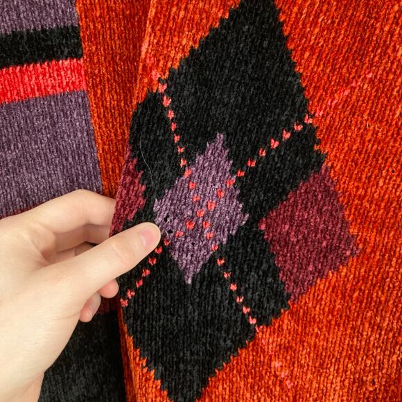 VTG 90s Womens M FLAW Orange Black Geometric Argyle Sweater Cozy Abstract Funky - Picture 7 of 12